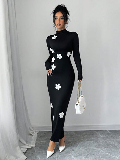 Chic Floral Minimalist Long Sleeve Dress with Stand Collar