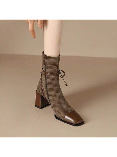 Chic Houndstooth Ankle Booties with Fur Lining and Chunky Heel