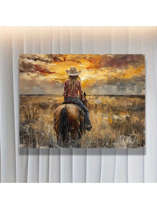 Rustic Elegance: Western Cowgirl On Horseback Canvas Art Print for Stylish Home Decor