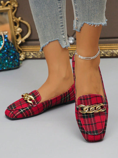 Elegant Plaid Print Flat Loafers with Metal Chain Detail – Perfect for Autumn Casual Style