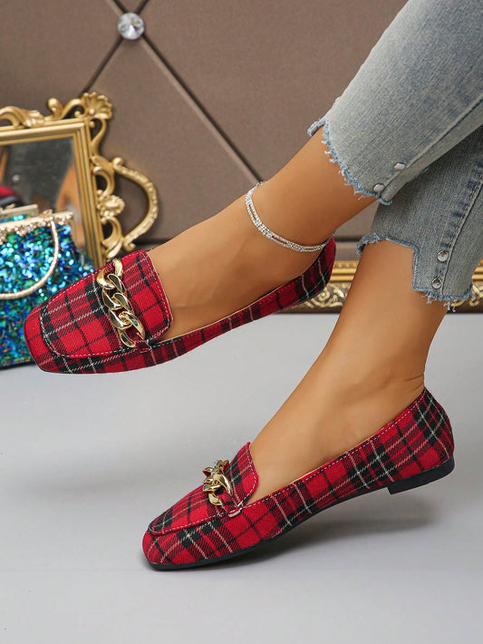 Elegant Plaid Print Flat Loafers with Metal Chain Detail – Perfect for Autumn Casual Style