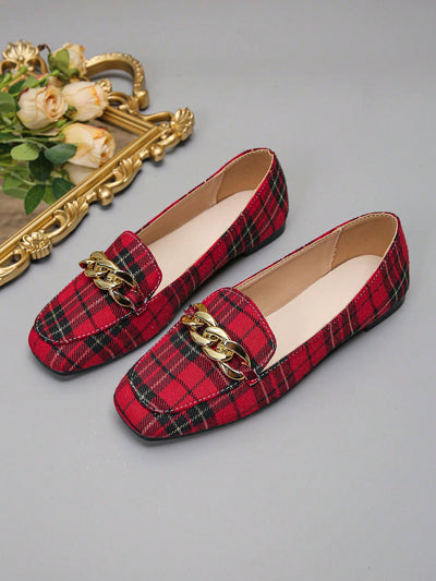 Elegant Plaid Print Flat Loafers with Metal Chain Detail – Perfect for Autumn Casual Style