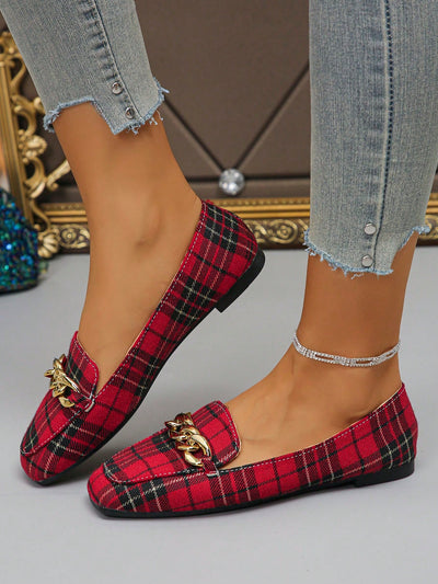 Elegant Plaid Print Flat Loafers with Metal Chain Detail – Perfect for Autumn Casual Style