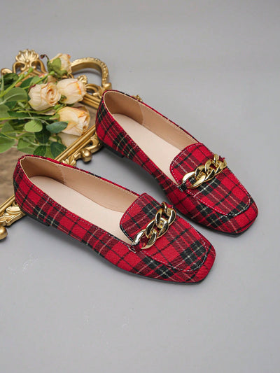 Elegant Plaid Print Flat Loafers with Metal Chain Detail – Perfect for Autumn Casual Style