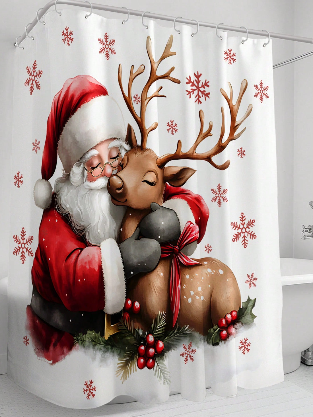 Upgrade your bathroom with our Festive Holiday Cheer shower curtain featuring Santa Claus and poinsettia design. Made with waterproof material and includes hooks for easy installation. Spread holiday cheer while keeping your bathroom clean and dry. Perfect for the festive season!