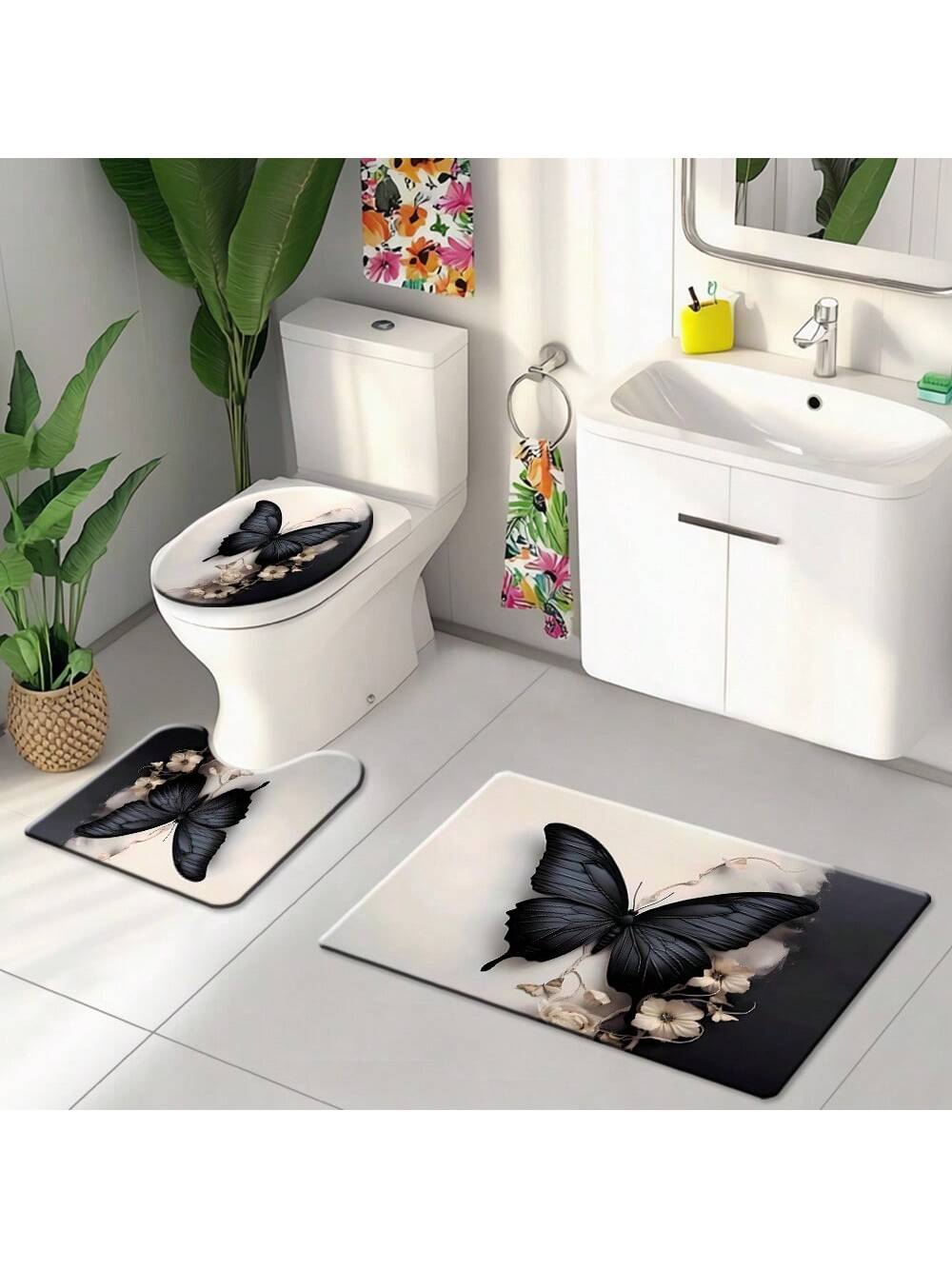 Add a touch of whimsy to your bathroom with our Elegance in Bloom shower curtain set! Featuring a 3D black and white butterfly and flower design, this set includes hooks and a mat for a complete look. Bring a unique and playful touch to your daily routine.