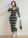 Chic Striped Midi Dress with Lapel Collar & Long Sleeves