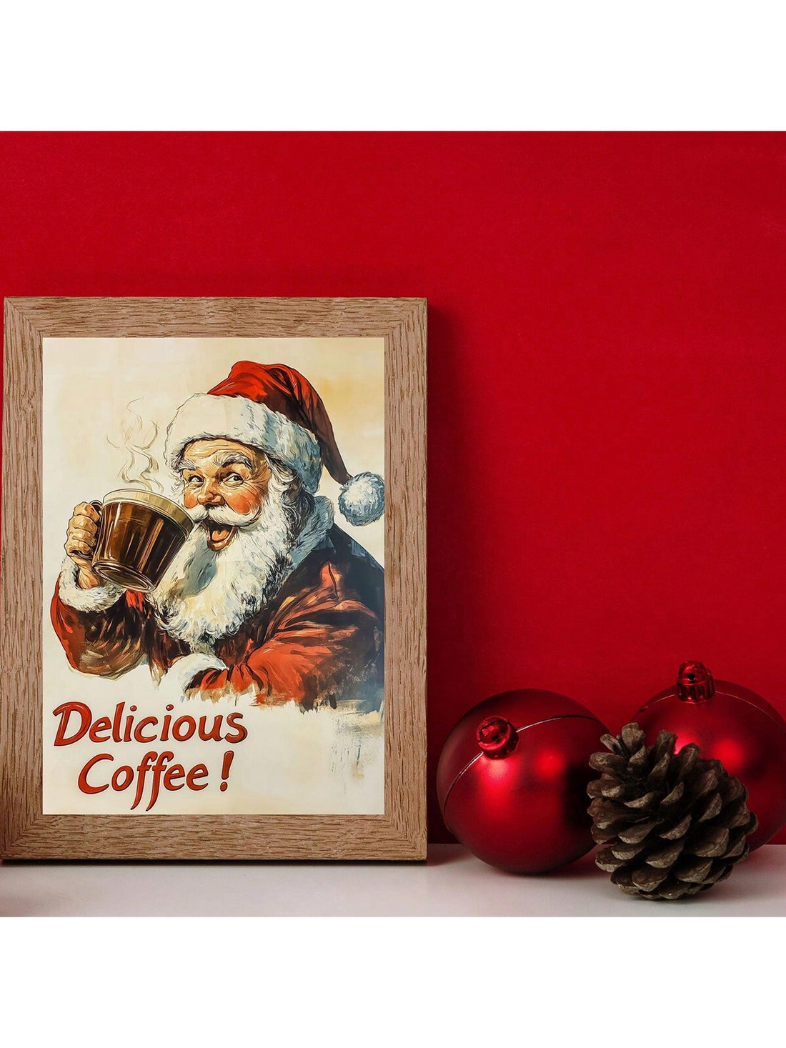 Bring the nostalgic holiday spirit into your home with this retro Santa Claus coffee print! Featuring vintage Christmas vibes, this unframed wall art adds a cozy touch to your home decor. Start your day with a warm cup of coffee and this festive print, perfect for the holiday season!