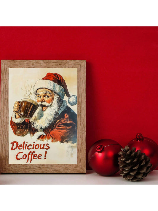 Retro Santa Claus Coffee Print - Vintage Christmas Wall Art for Cozy Home Decor (Unframe)