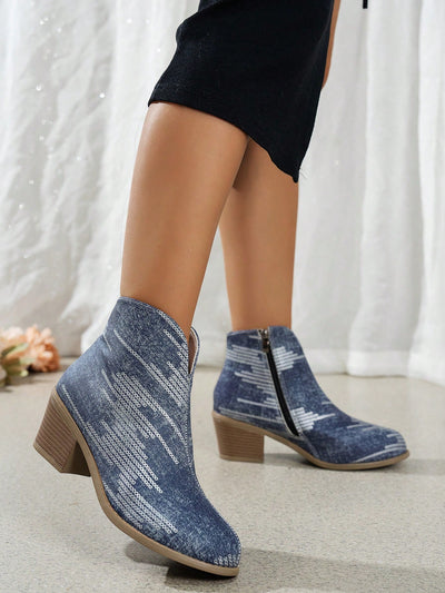 Retro Blue Flat Short Boots for Women - Stylish Casual Western & Motorcycle Design