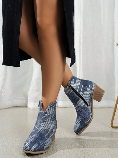 Retro Blue Flat Short Boots for Women - Stylish Casual Western & Motorcycle Design