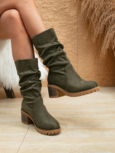 Retro Chic Mid-Calf Western Boots: Suede Casual Riding Style for Fall/Winter