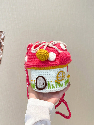 Whimsical Color Block Mushroom House Knitted Crossbody Bag