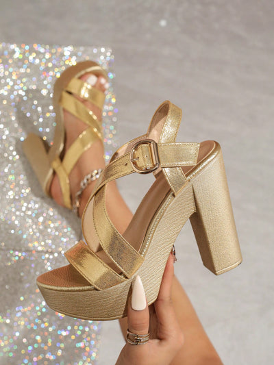 Chic Gold Faux Wood Platform High-Heeled Sandals – Perfect for Parties and Weddings