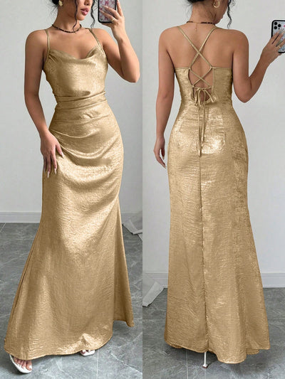 Elegant Metallic Draped Neck Sling Dress - Perfect for Parties