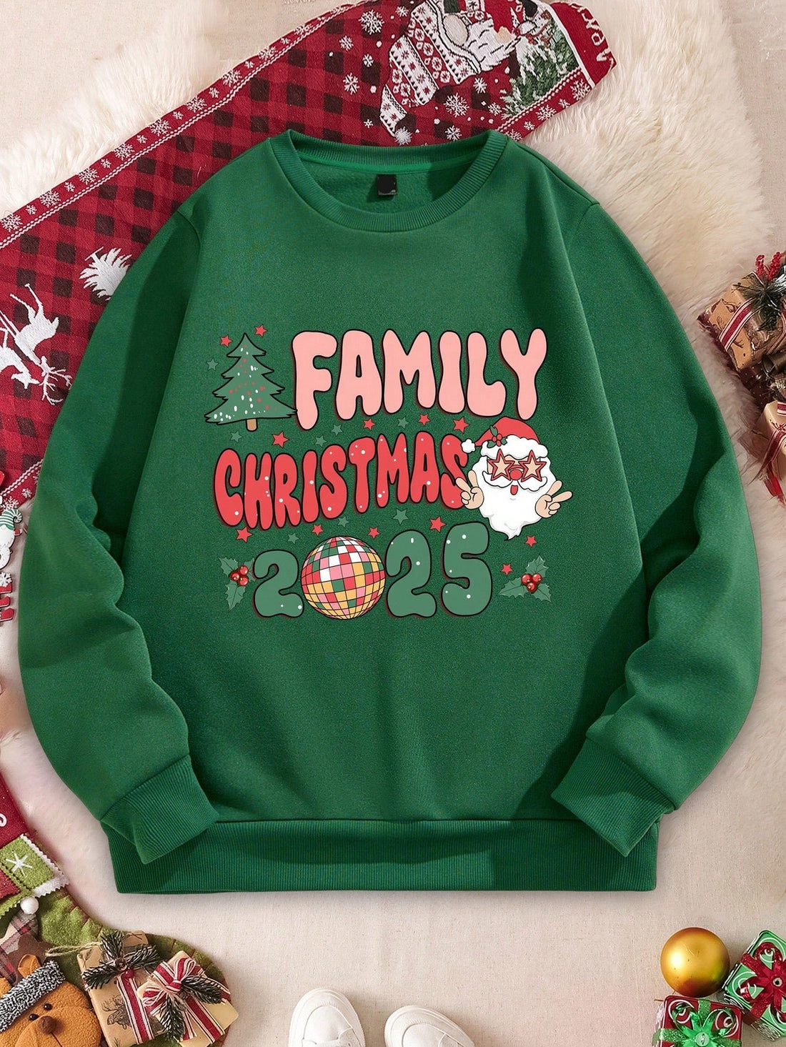 Stay warm and stylish this holiday season with our Festive Green Couple's Crew Neck Sweatshirt. Made with trendy Christmas letter print fleece, this sweatshirt is perfect for couples looking to add some festive cheer to their wardrobe. Stay cozy and on-trend with this must-have piece!