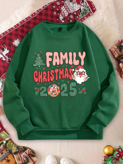 Festive Green Couple's Crew Neck Sweatshirt - Trendy Christmas Letter Print Fleece