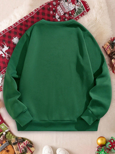 Festive Green Couple's Crew Neck Sweatshirt - Trendy Christmas Letter Print Fleece