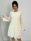 Graceful Midi Dress with Pleated Chiffon Floral Design - Apricot Long Sleeve Elegance