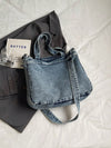 Retro Chic Washed Jeans Tote Bag - Stylish Multi-Pocket Shoulder Bag for School and Commuting