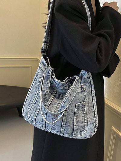 Retro Chic Washed Jeans Tote Bag - Stylish Multi-Pocket Shoulder Bag for School and Commuting