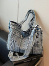 Retro Chic Washed Jeans Tote Bag - Stylish Multi-Pocket Shoulder Bag for School and Commuting