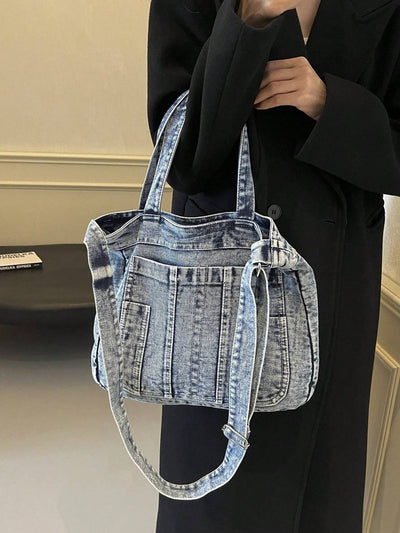 Retro Chic Washed Jeans Tote Bag - Stylish Multi-Pocket Shoulder Bag for School and Commuting