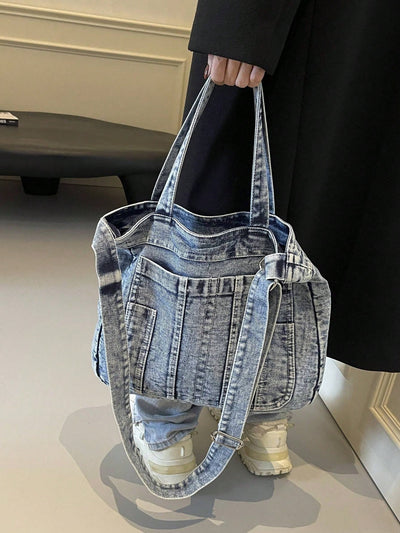 Retro Chic Washed Jeans Tote Bag - Stylish Multi-Pocket Shoulder Bag for School and Commuting