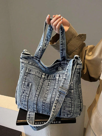 Retro Chic Washed Jeans Tote Bag - Stylish Multi-Pocket Shoulder Bag for School and Commuting