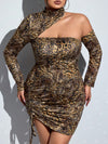 Chic Plus-Size Icon Pattern Bodycon Dress with High Neck and Drawstring Detail