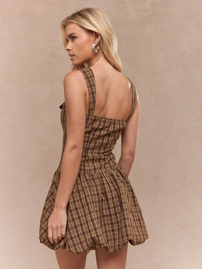 Chic Checked Mini Dress with Square Neck and Bubble Hem