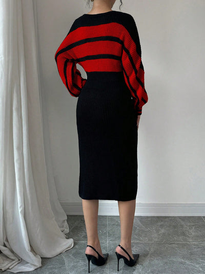 Chic & Cozy: Long Sleeve Drop Shoulder Bodycon Sweater Dress in Red & Black