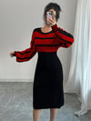 Chic & Cozy: Long Sleeve Drop Shoulder Bodycon Sweater Dress in Red & Black