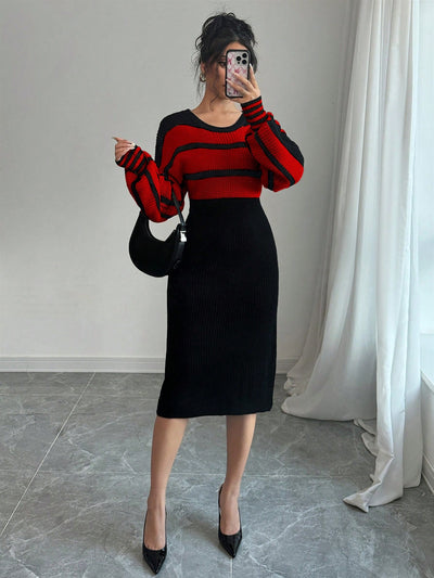 Chic & Cozy: Long Sleeve Drop Shoulder Bodycon Sweater Dress in Red & Black