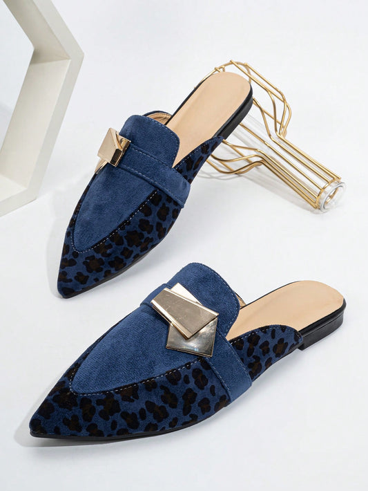 Chic Blue Leopard Print Flat Mules with Metal Buckle – Perfect for Spring and Autumn