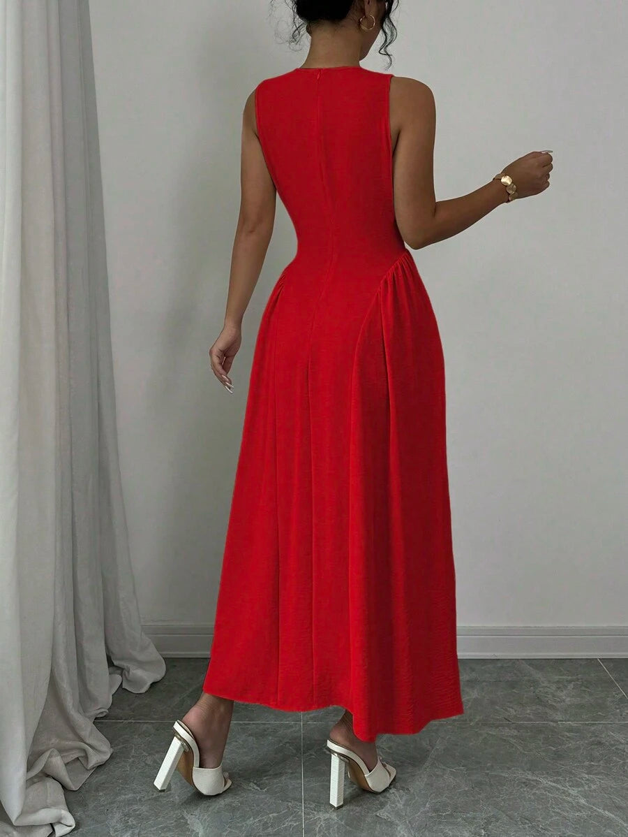 Back view of red midi dress showing center seam and back closure