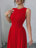 Full front view of red textured woven A-line midi dress