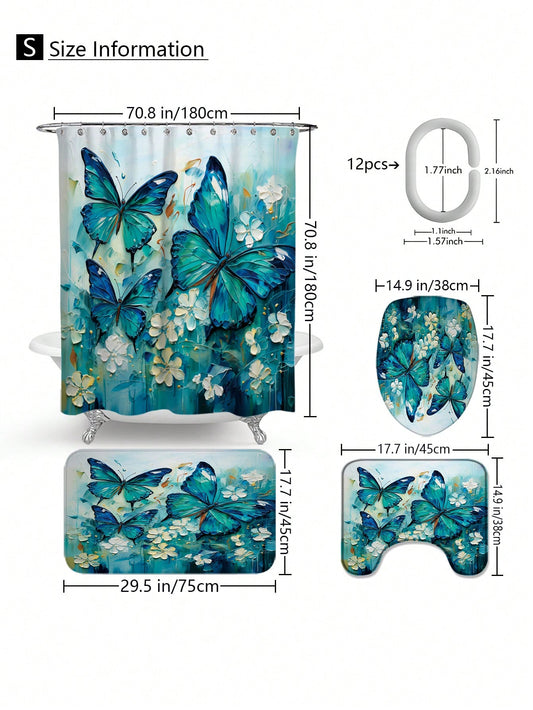 Elegant Blue Butterfly Bathroom Set: Waterproof Shower Curtain & Complete Accessories