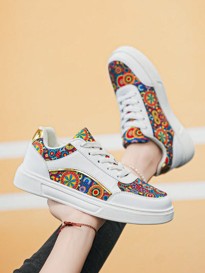 Chic & Versatile Trendy Tie-Front Flat Skateboard Shoes with Unique Contrast Prints