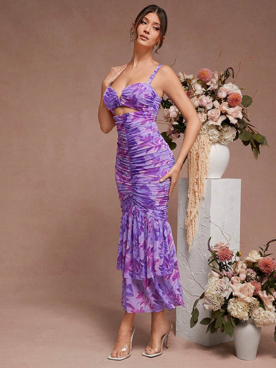 Elegant Haute Floral Ruched Mermaid Hem Dress with Chic Cutout Details