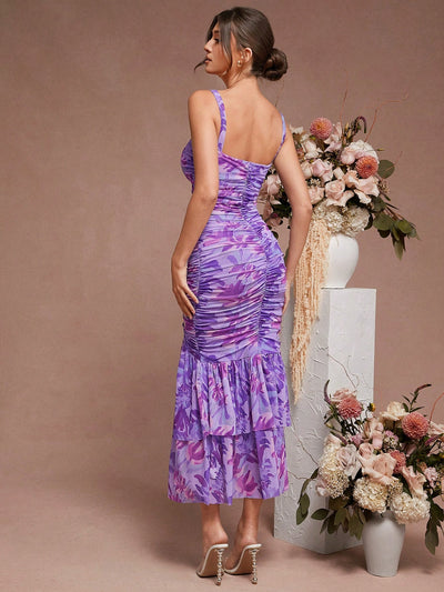 Elegant Haute Floral Ruched Mermaid Hem Dress with Chic Cutout Details