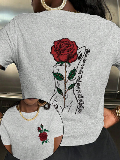 Chic & Casual: Women's Rose Letter Print Short Sleeve T-Shirt