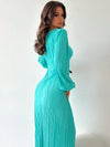 Elegant Blue Pleated Twist-Front Dress with Puff Sleeves for Autumn & Winter