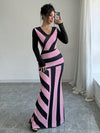 Chic Colorblock Striped V-Neck Fish Tail Dress - Elegant Extra Long Fitted Style for Women