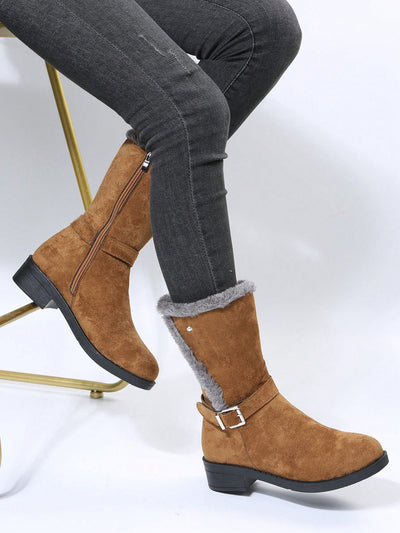 Cozy Chic: Women's Buckle Detail Thick Heel Ankle Boots for Winter Style