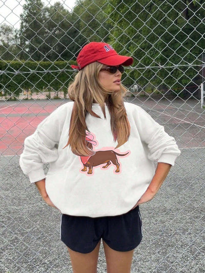 Chic Dachshund Print Crew Neck Sweatshirt - Cozy Minimalist Fashion for Autumn & Winter