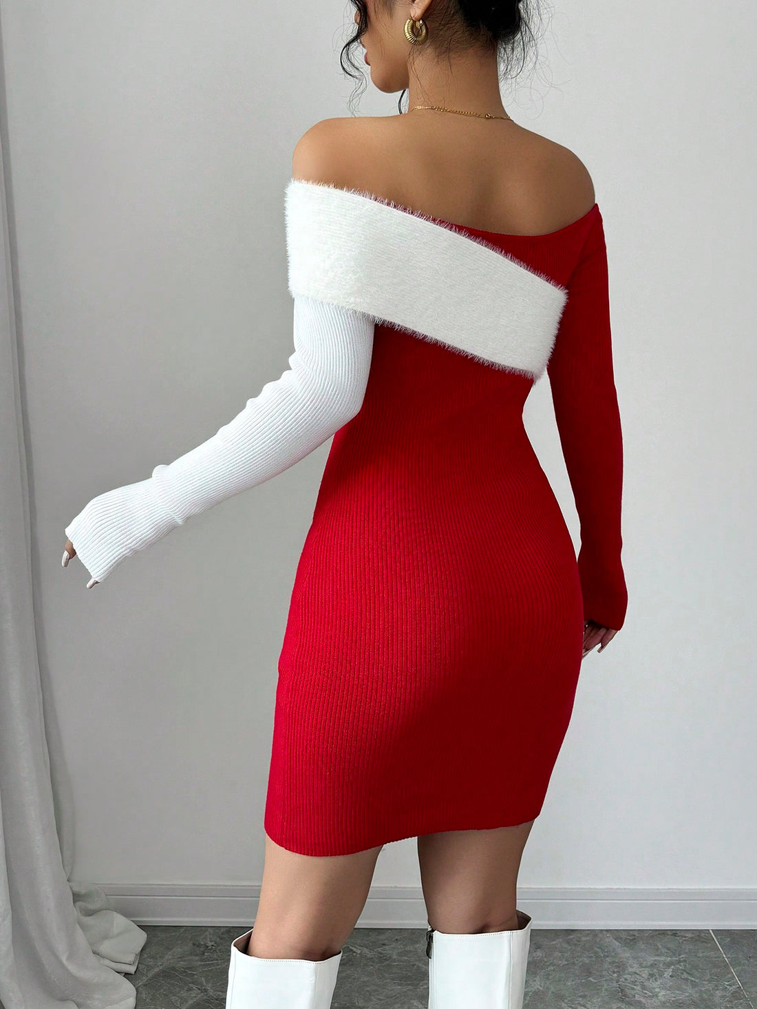 Get ready to be the belle of the holiday ball with our Elegant Off-Shoulder Furry Color Block Sweater Dress. Designed for a chic Christmas look, this dress features an off-shoulder neckline and a plush, color-blocked texture. Stay warm and stylish this season with this must-have piece.