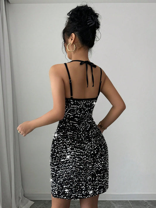 Elegant Sequin Patchwork Spaghetti Strap Hollow-Out Dress