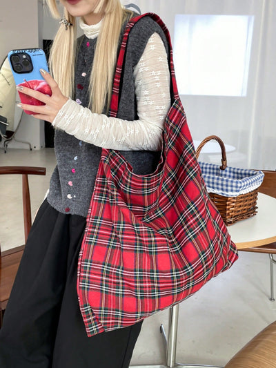 Trendy Plaid Canvas Tote Bag: Versatile Big-Capacity Shoulder Shopper for Fall/Winter