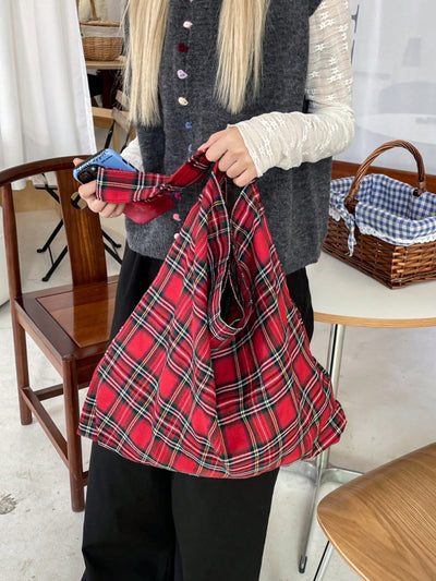 Trendy Plaid Canvas Tote Bag: Versatile Big-Capacity Shoulder Shopper for Fall/Winter